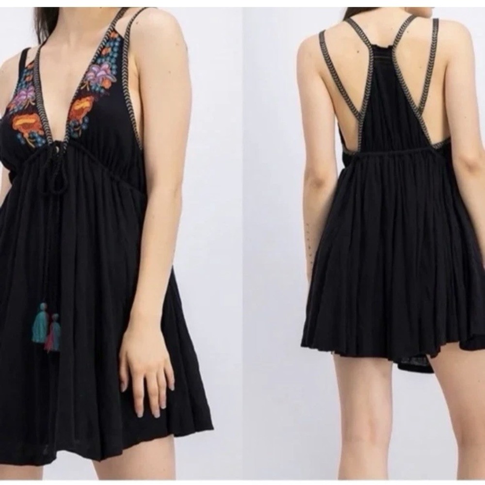 Free People Lovers Cove Embroidered Tassel Mini Dress in Black Size XS
